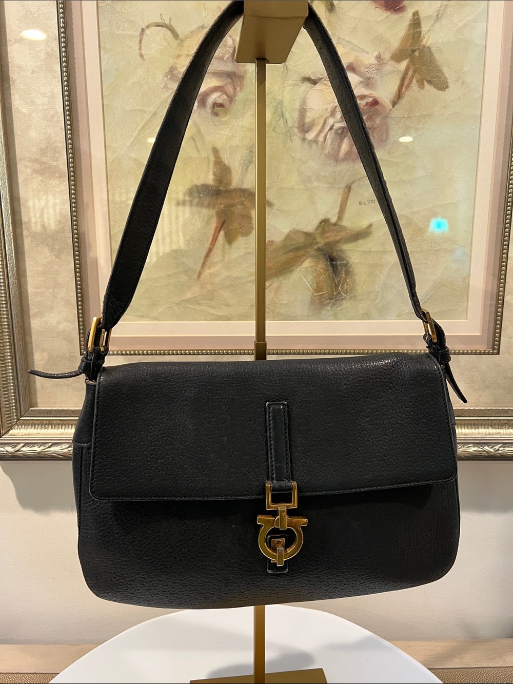 Salvatore Ferragamo Black Leather Shoulder Bag with Gold Hardware